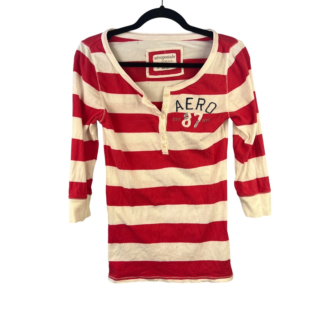 Aeropostale Red White Striped Henley Top‎ Size L Y2K 90s Bella Swan